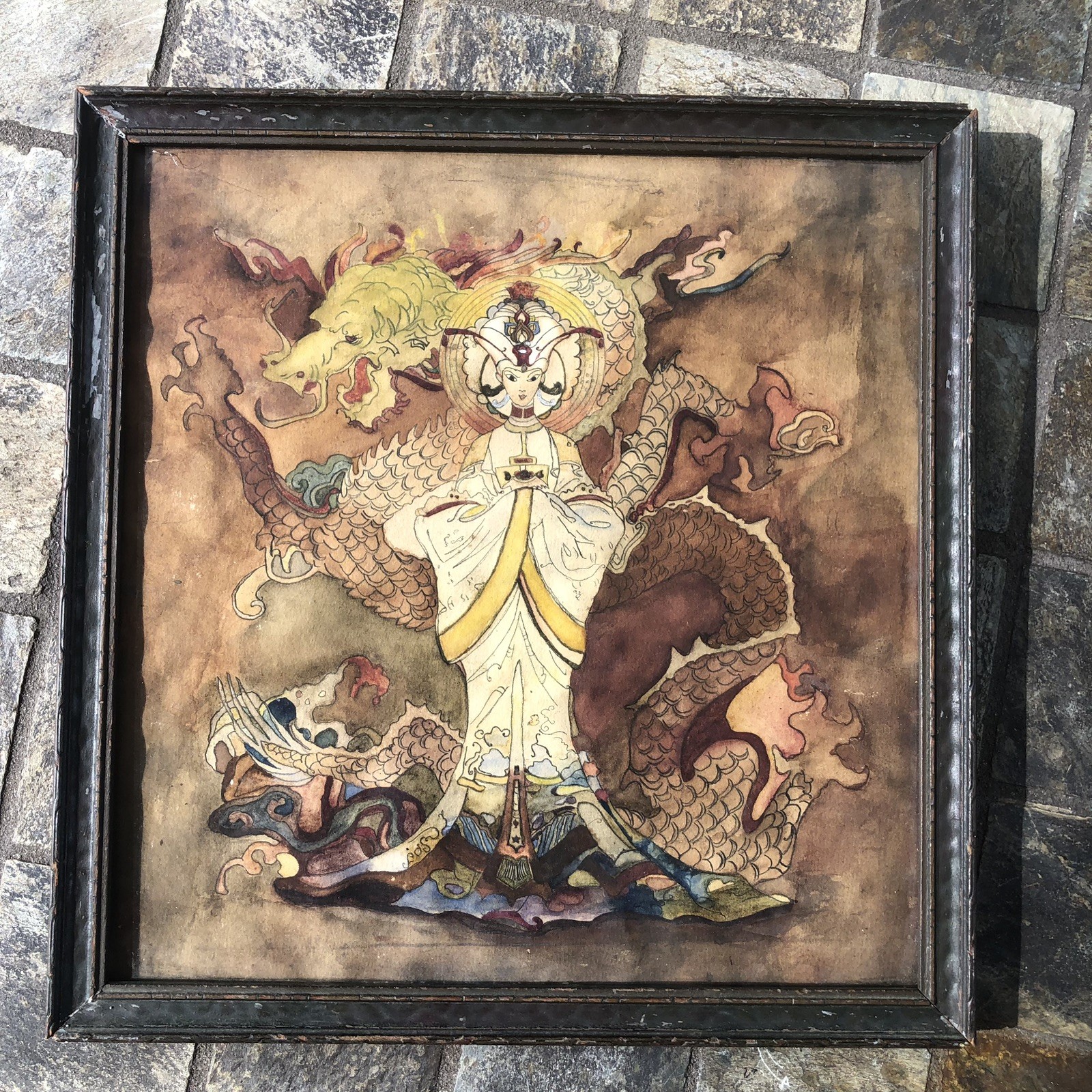 Antique Meiji Period Asian Japanese Chinese Watercolor Dragon Lady Painting