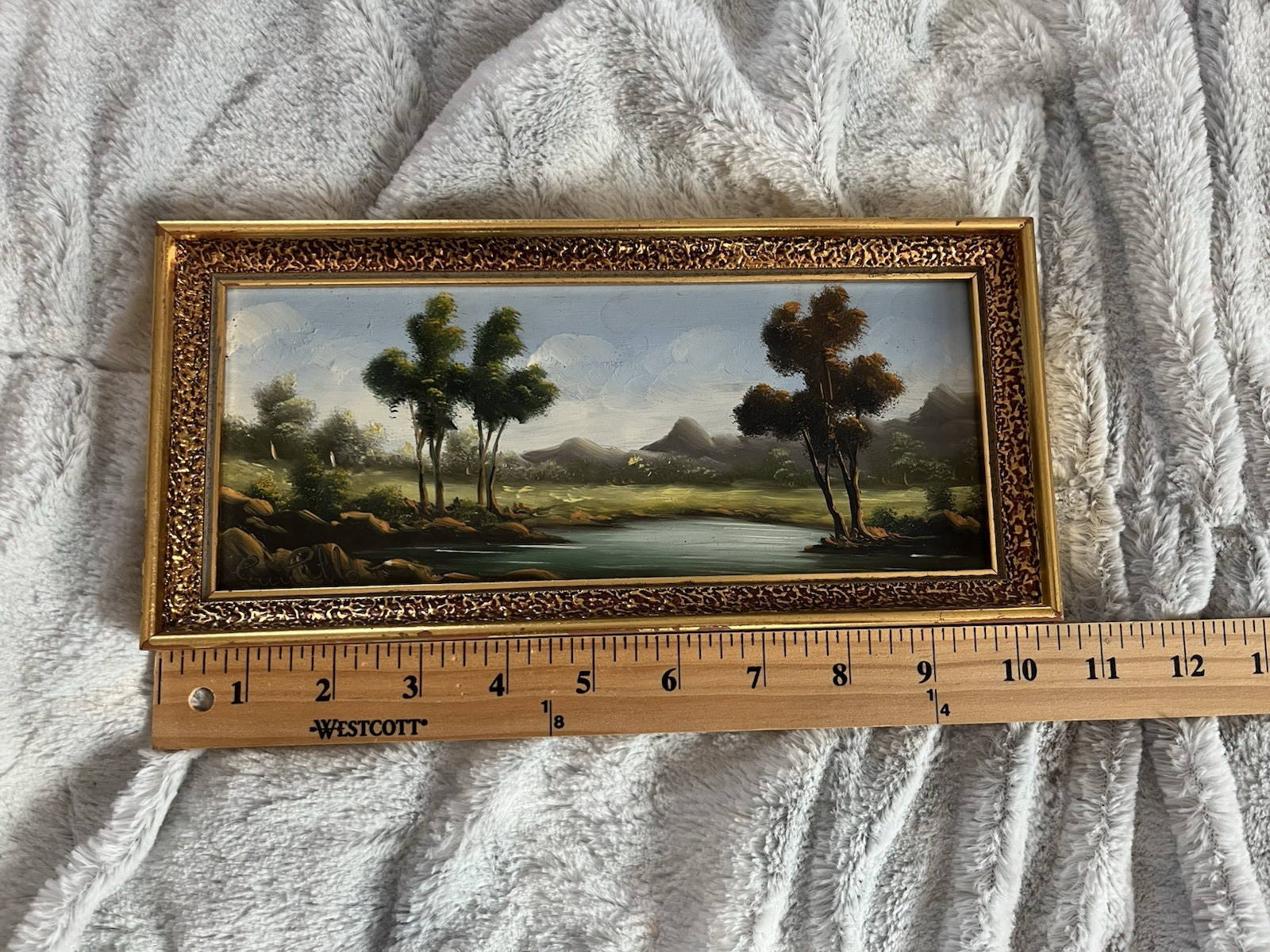 COLLECTOR Original Oil Painting signed CAMPILLO RiverMountainLandscape 9″x3 1/2″