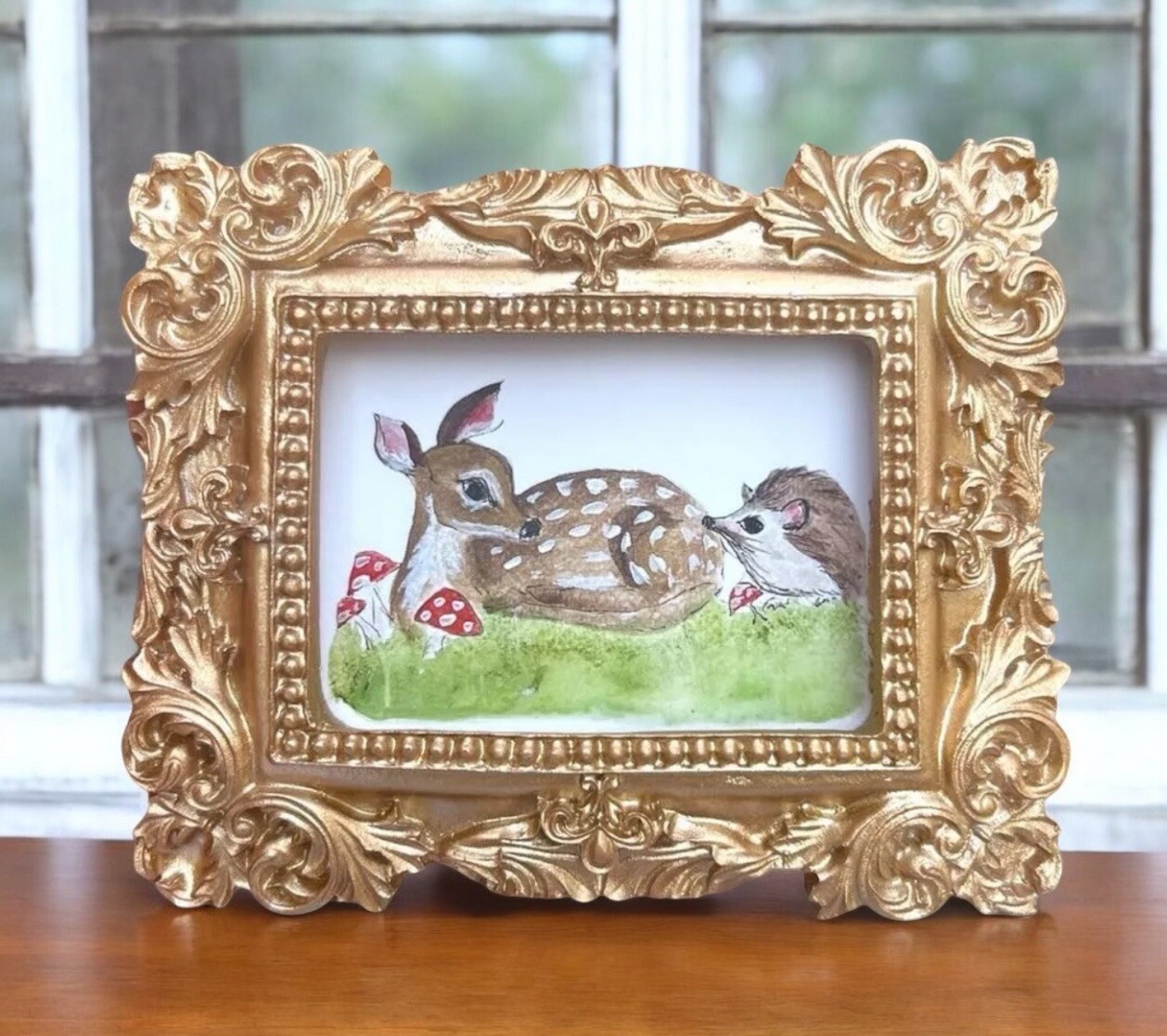 Deer & Hedgehog w/ Mushrooms mini art watercolor print in gold ornate frame