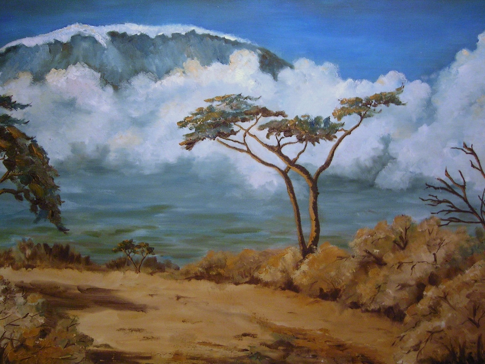Vintage African Landscape Oil Painting on Canvas Kilimanjaro Signed