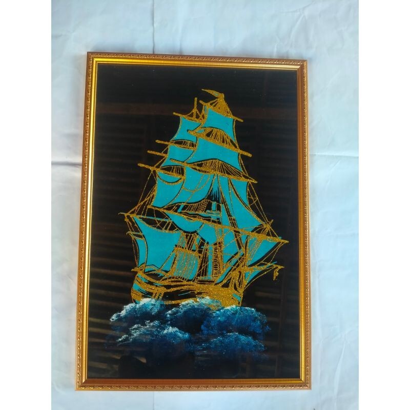 Black Velvet Art vintage Framed Sri Lanka Handmade Fabric Painting Sailing ship