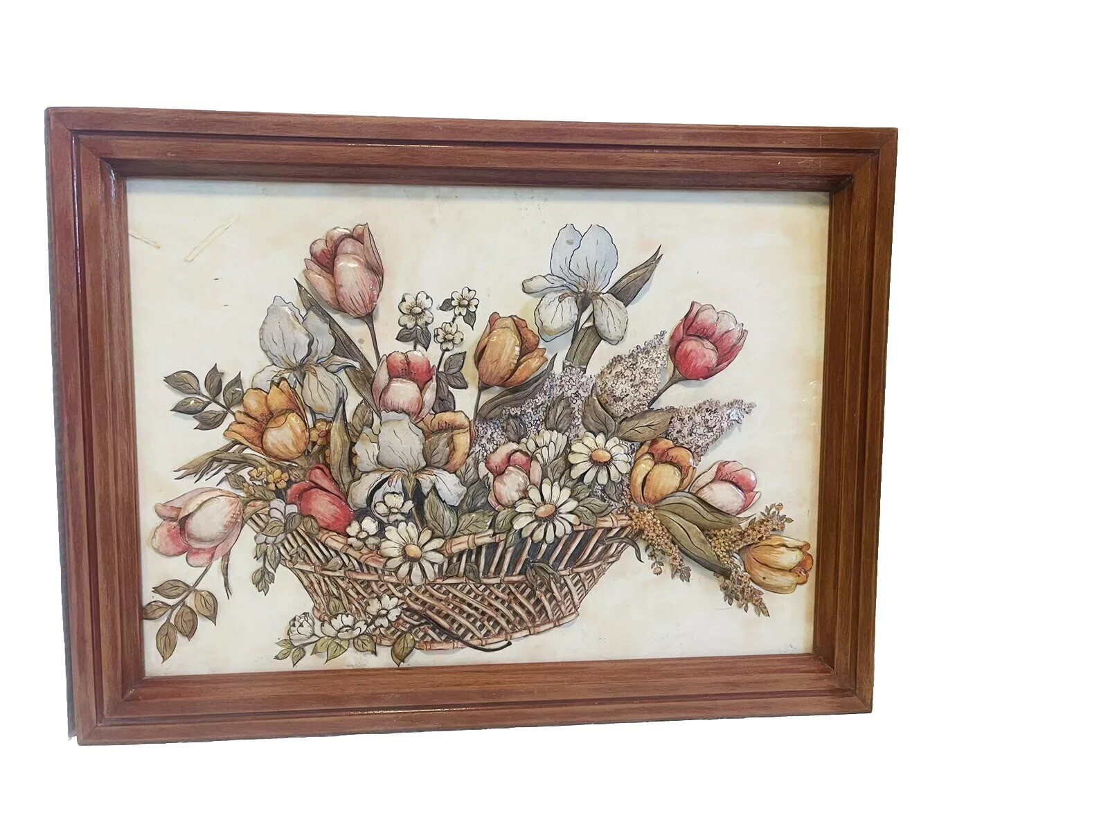 Still Life 3D Wood Framed Basket Of Flowers 20.5” X 15.5” Wall Art Floral