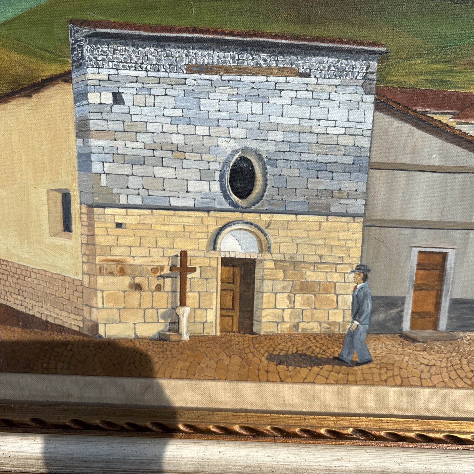 Vintage Oil Panting Canvas Onna Italy Small Town Landscape 30×26” 1975 Church