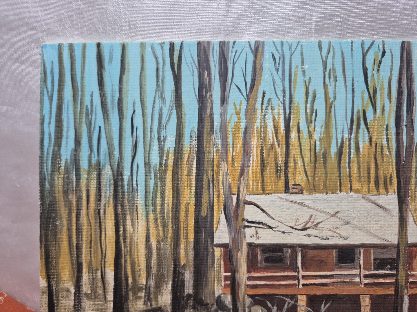 Vintage-Style Acrylic painting on Panel Depicting a Cabin Scene 9″ X 12″