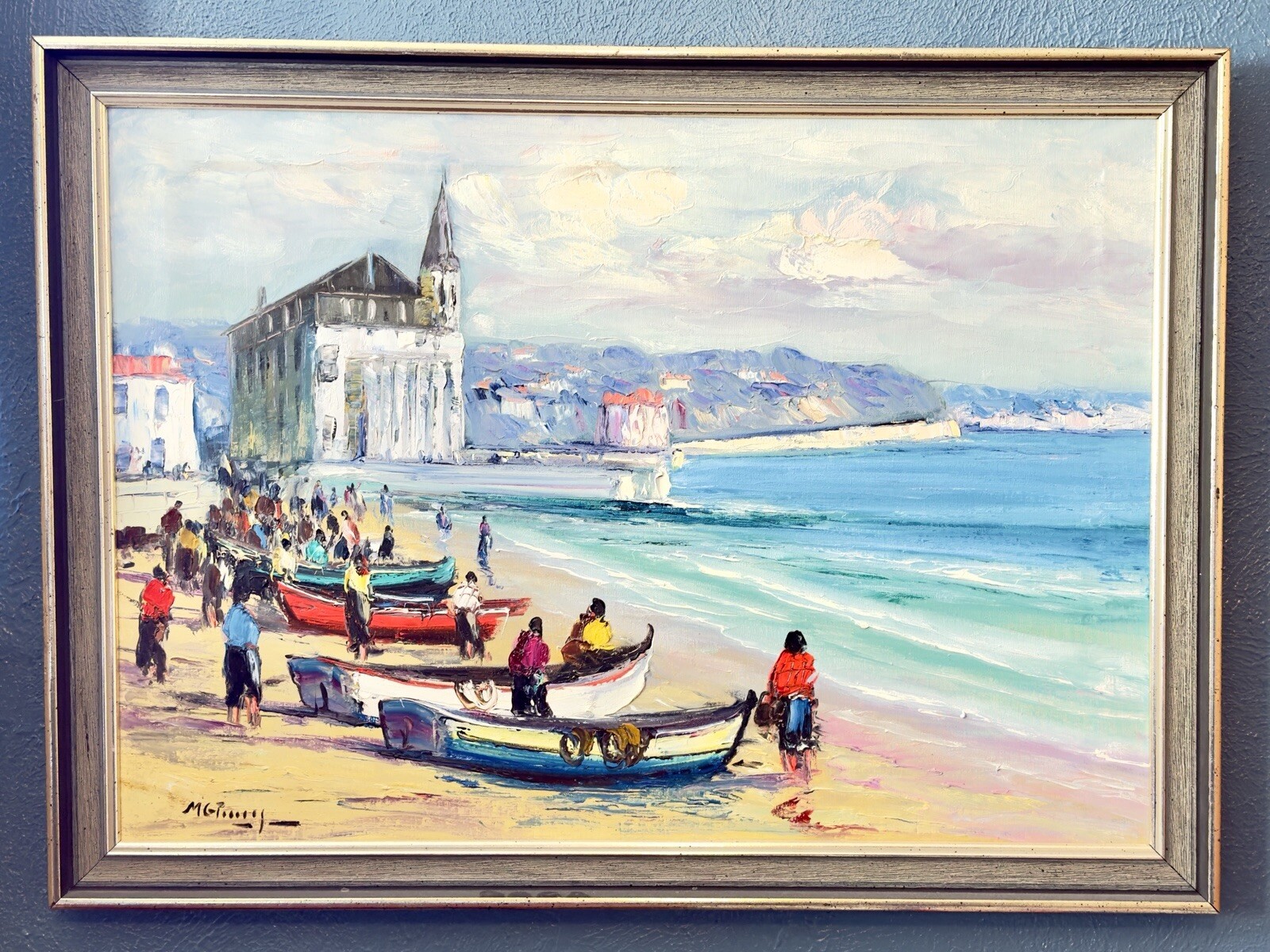 VTG Original Oil Painting Beach At Cascais, Portugal By Manuel Gregorio Pereira