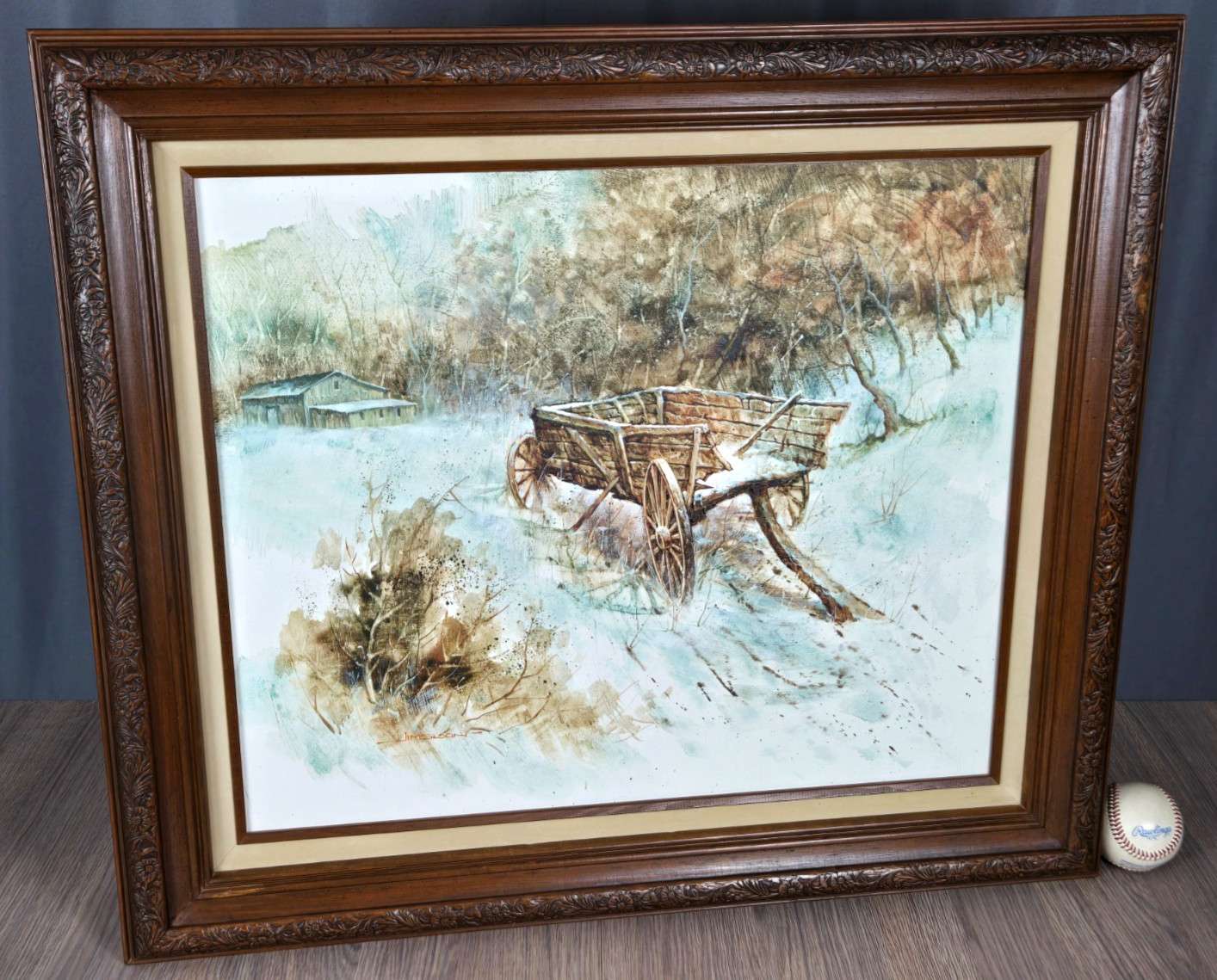 Jim Sloan original winter landscape oil painting on canvas, wagon, farm/barn