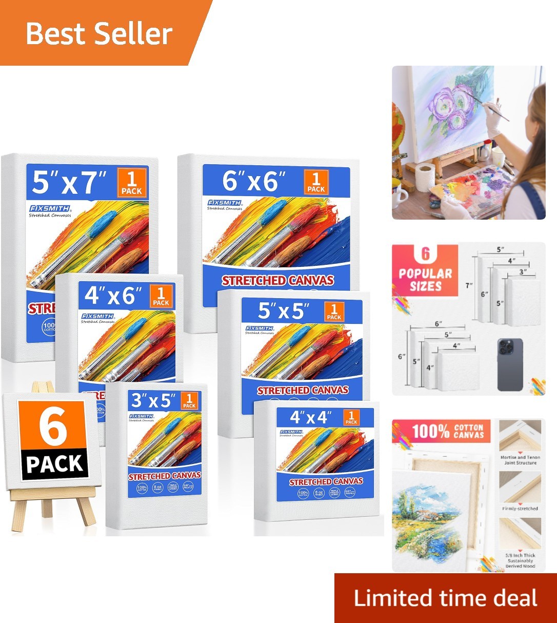 Quality Cotton Stretched Canvas Set – 6 Sizes, Pre-Primed for Timeless Creations