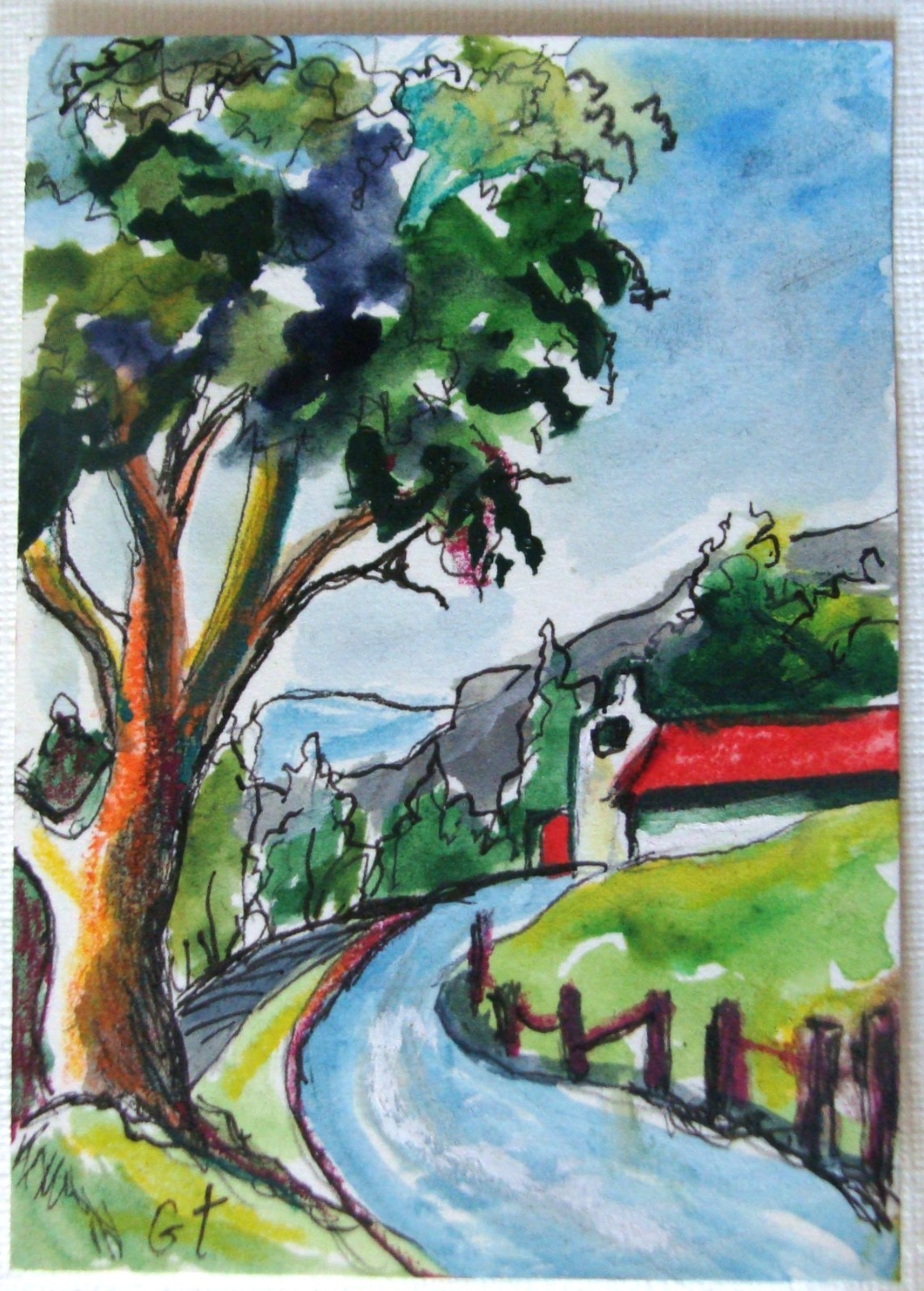 Original watercolor and ink painting on paper ACEO art Country Road Tarrantts