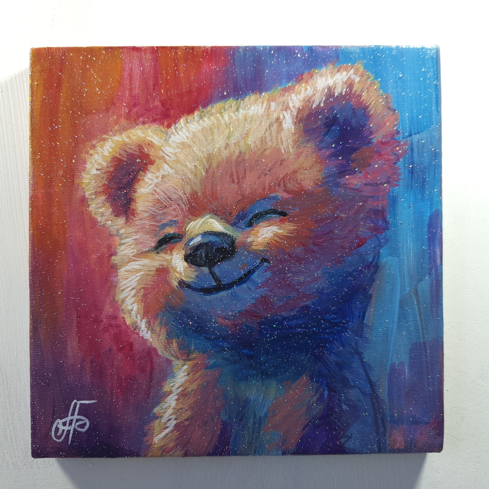 Original Acrylic Painting Colorful Happy Bear Cub Portrait Small Hand Painted
