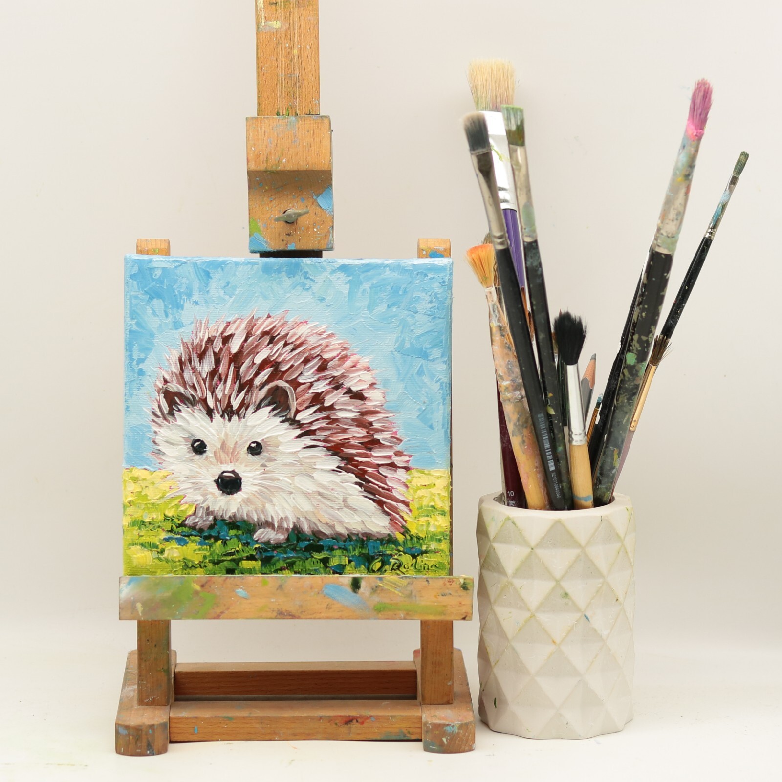 Hedgehog Oil Painting Original Small on Canvas Woodland Animal Art Nursery Kids