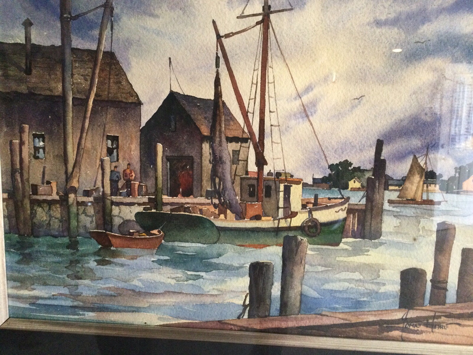 John Cuthbert Hare original signed Gloucester Harbor Gouache Painting