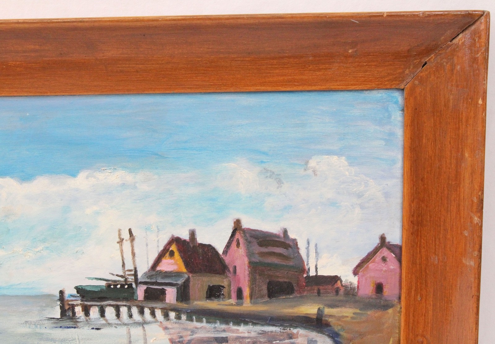 Vintage 1959 Oil Painting 15×23 Lone Harbor Village Nautical Ocean Folk Art