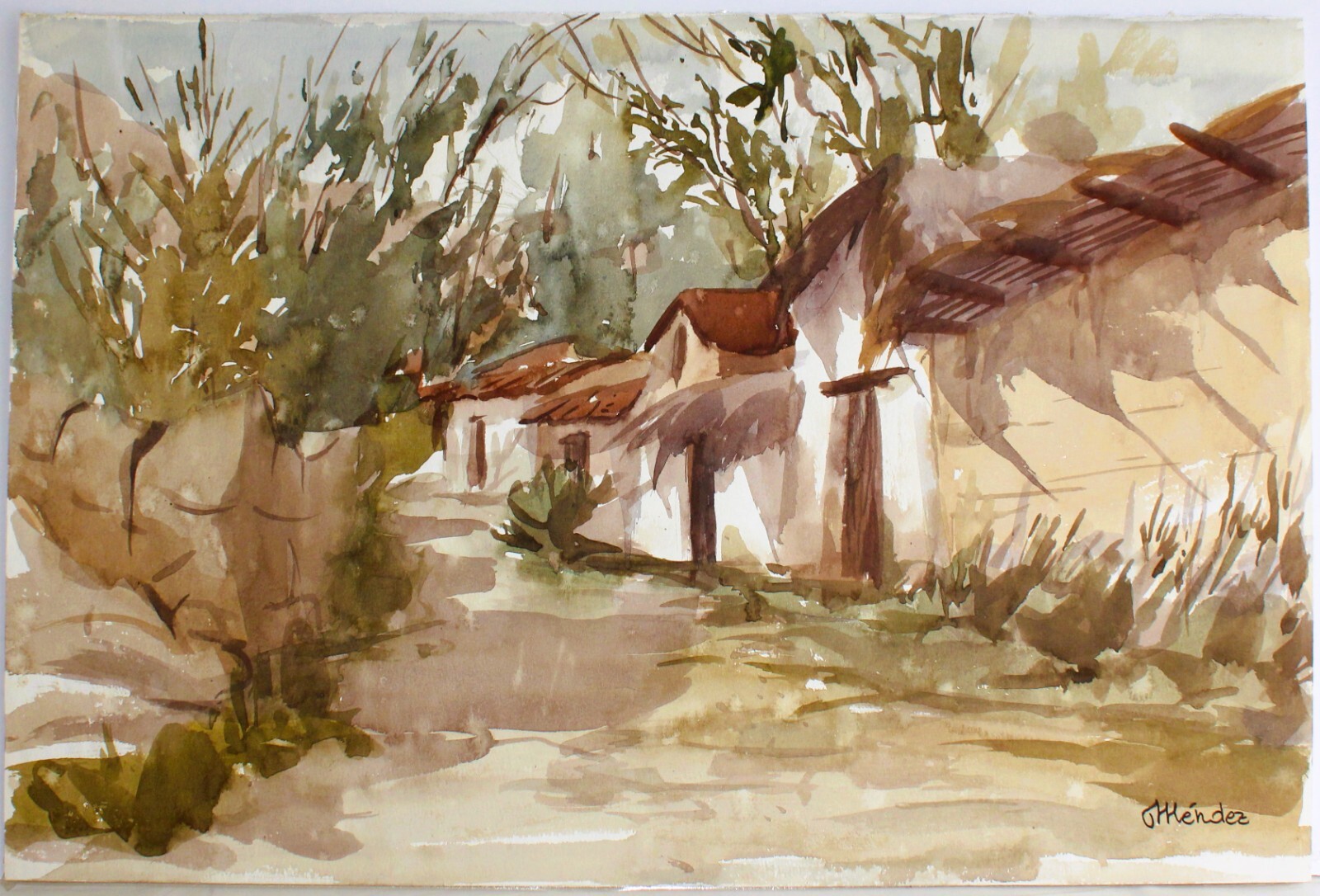 VINTAGE WATERCOLOR PAPER SIGNED MENDEZ SOUTH AMERICAN VILLAGE PERU STREET HOUSES