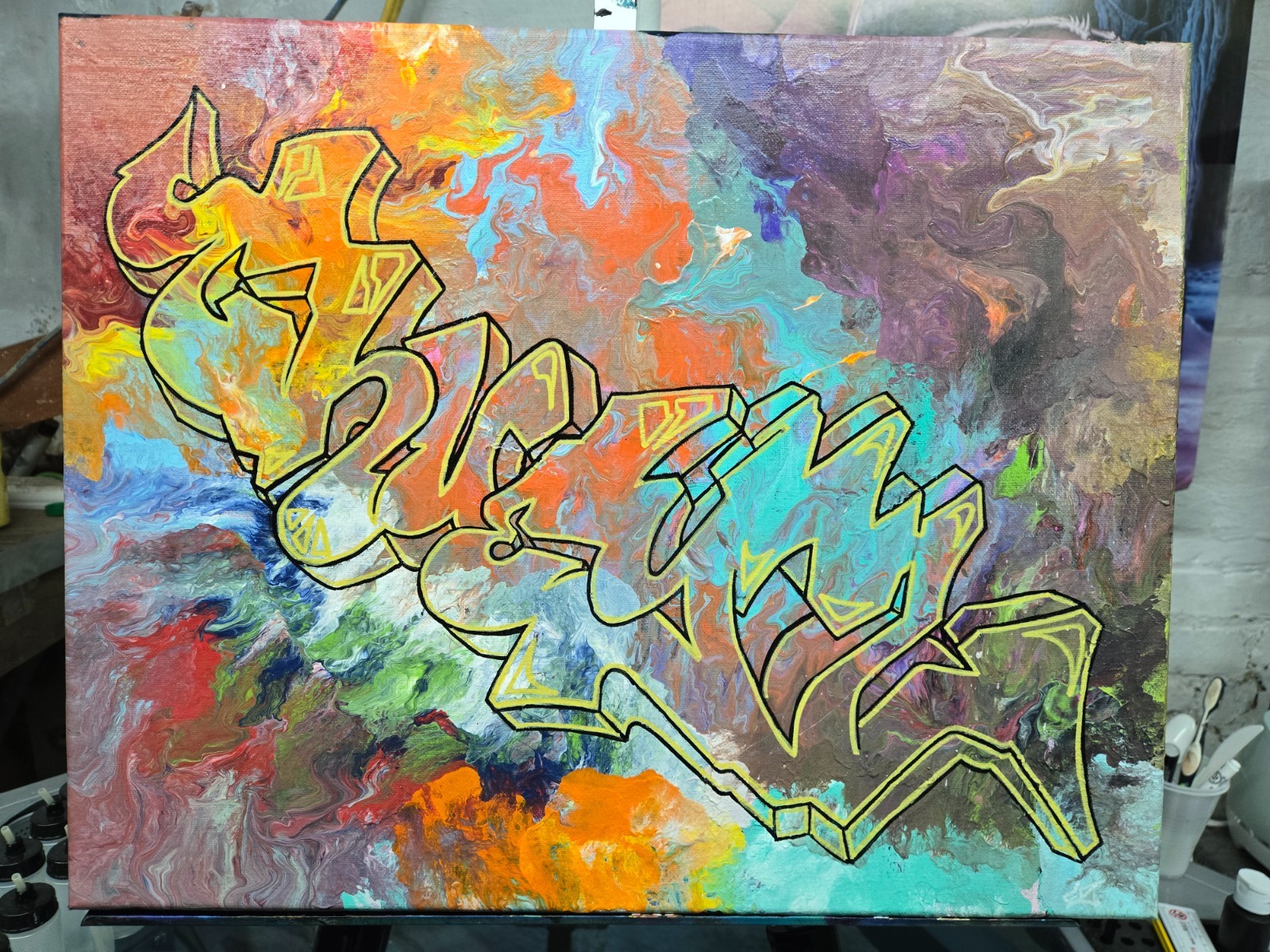 paintings on canvas, 16×20 and 20×20 on wood canvas. all are acrylic based.