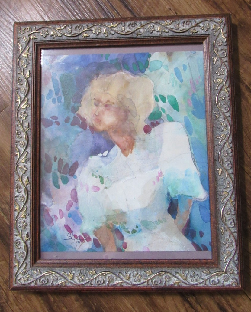 RARE Early Nel Byrd SWS Watercolor Woman Self Portrait? Signed Framed 12″x10.5″