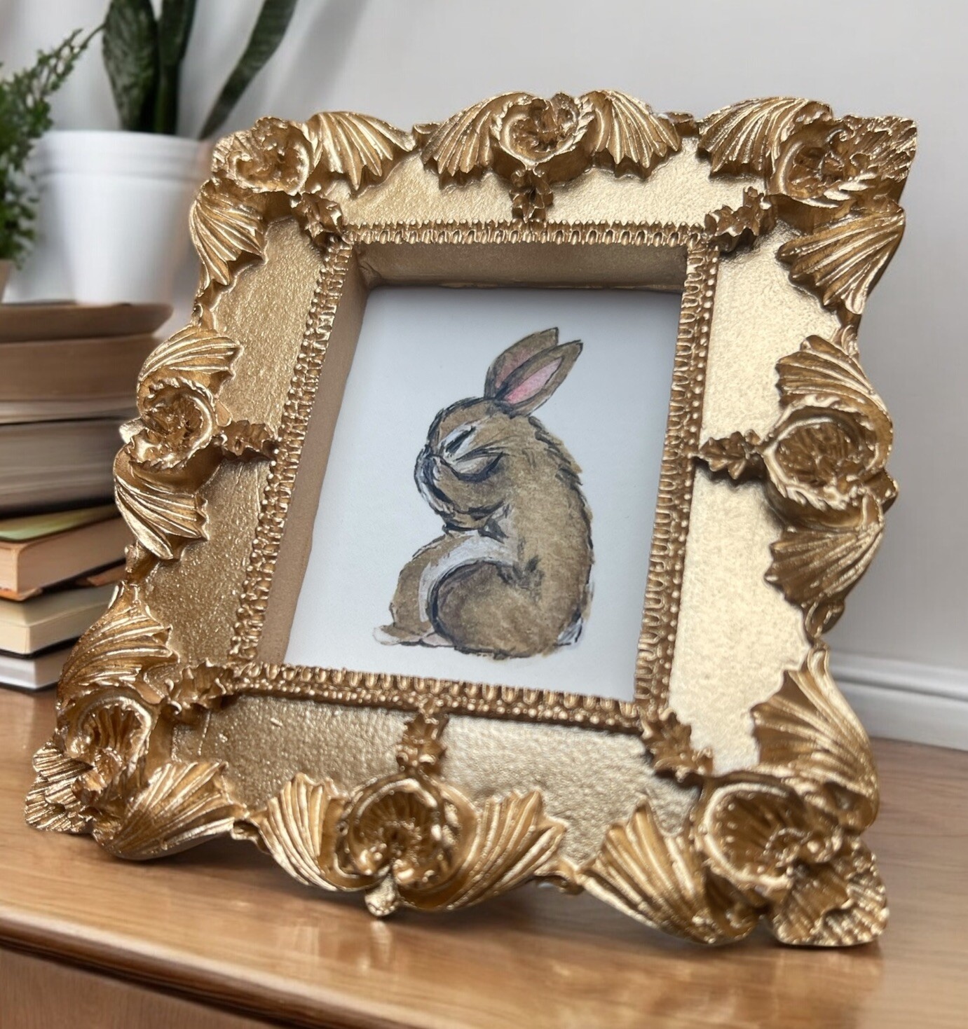 Bunny Rabbit watercolor print of painting in mini gold vtg style ornate frame