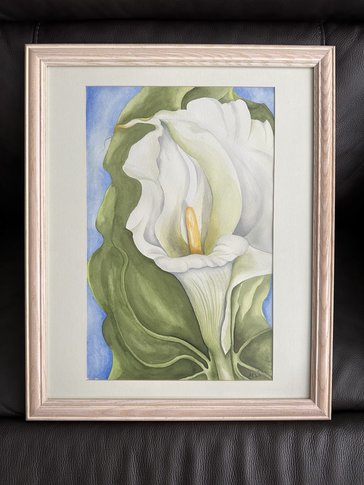 Vtg Original Signed Watercolor Painting White Calla Lily Flower Framed Mattted