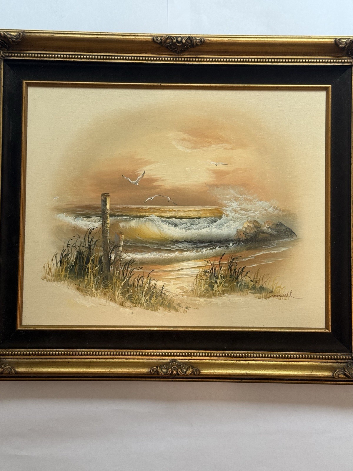 Signed Cromwell Seascape Oil Painting – Framed Coastal Sunset Waves Artwork