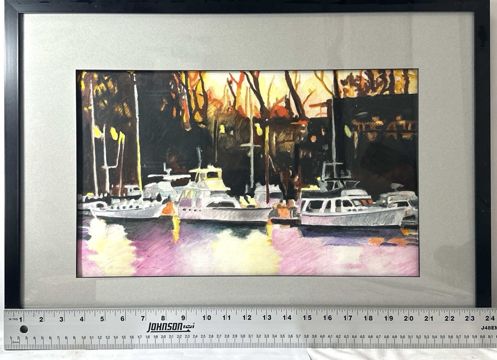 Original “Sacto Yacht Club” Oil Pastel Signed Chambers Framed Marina Harbor Art