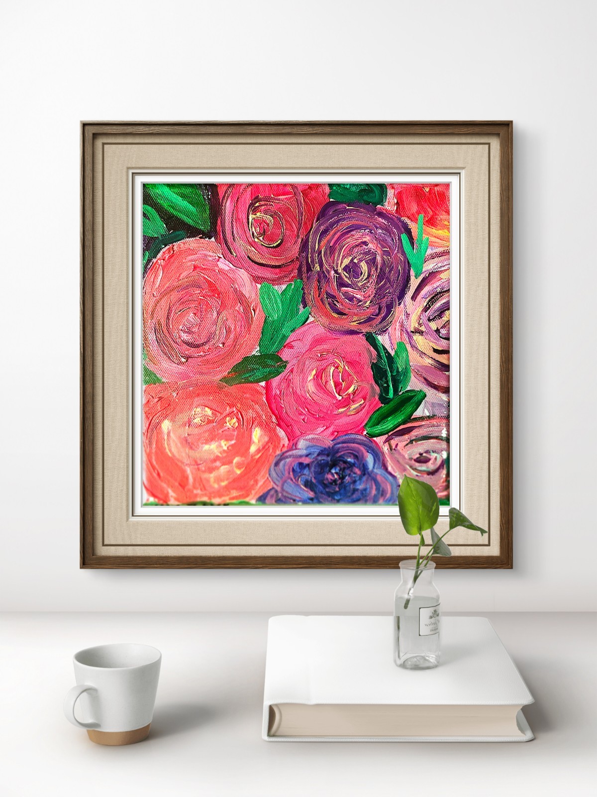 Roses Of Many Colors W Gold Detail Original Impressionist 8×8 Acrylic On Canvas