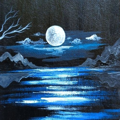 ACEO Original Landscape Nature Sky Night Moon Acrylic Art Card Hand Painting NEW