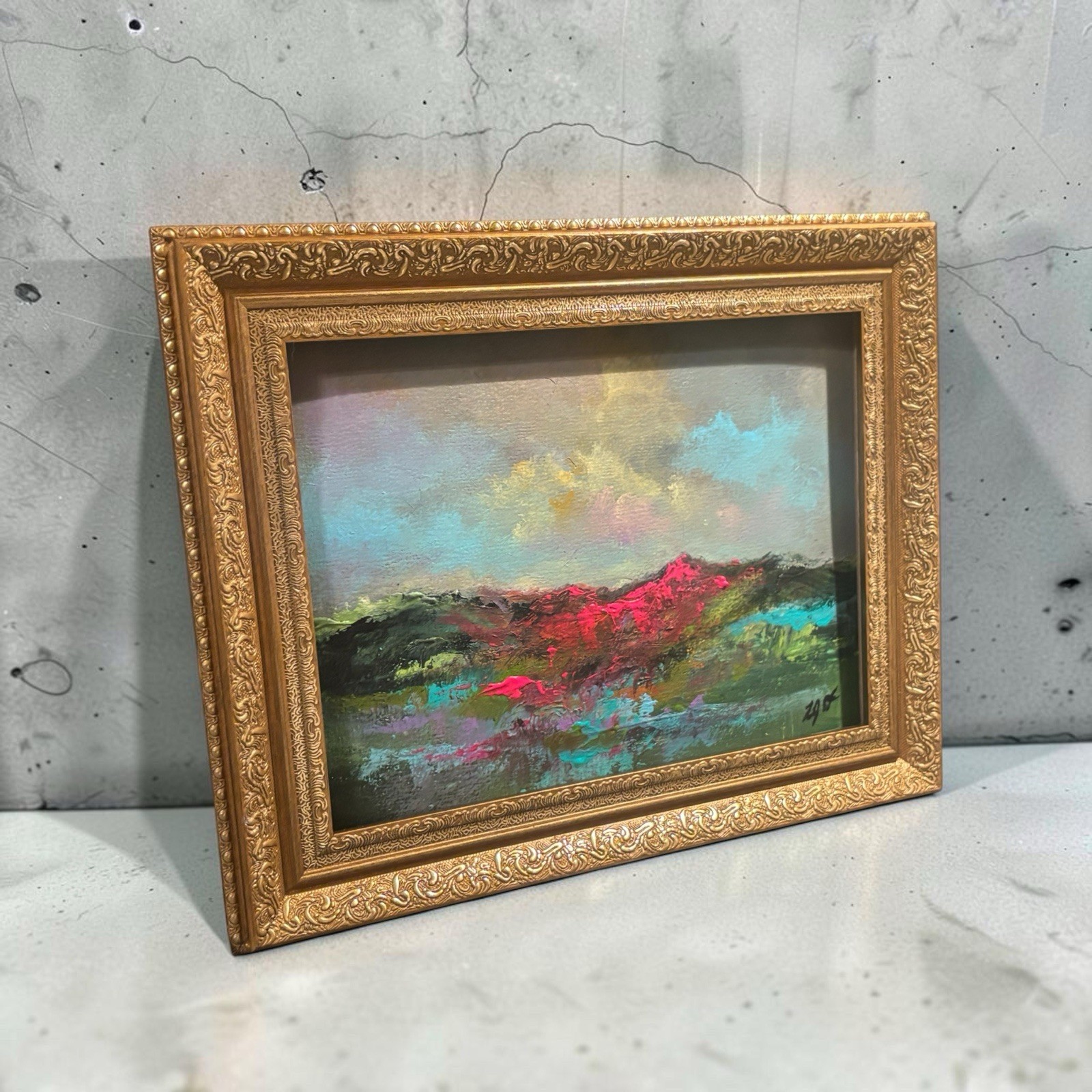 Original Bold Colorful Modern Abstract Mountain Landscape Painting | Framed 8×10