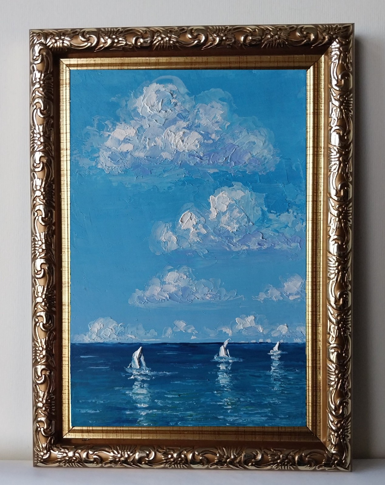 Framed Cloudy Sky Calm Seascape White Sailboats Art 4×6″ Oil Painting Original