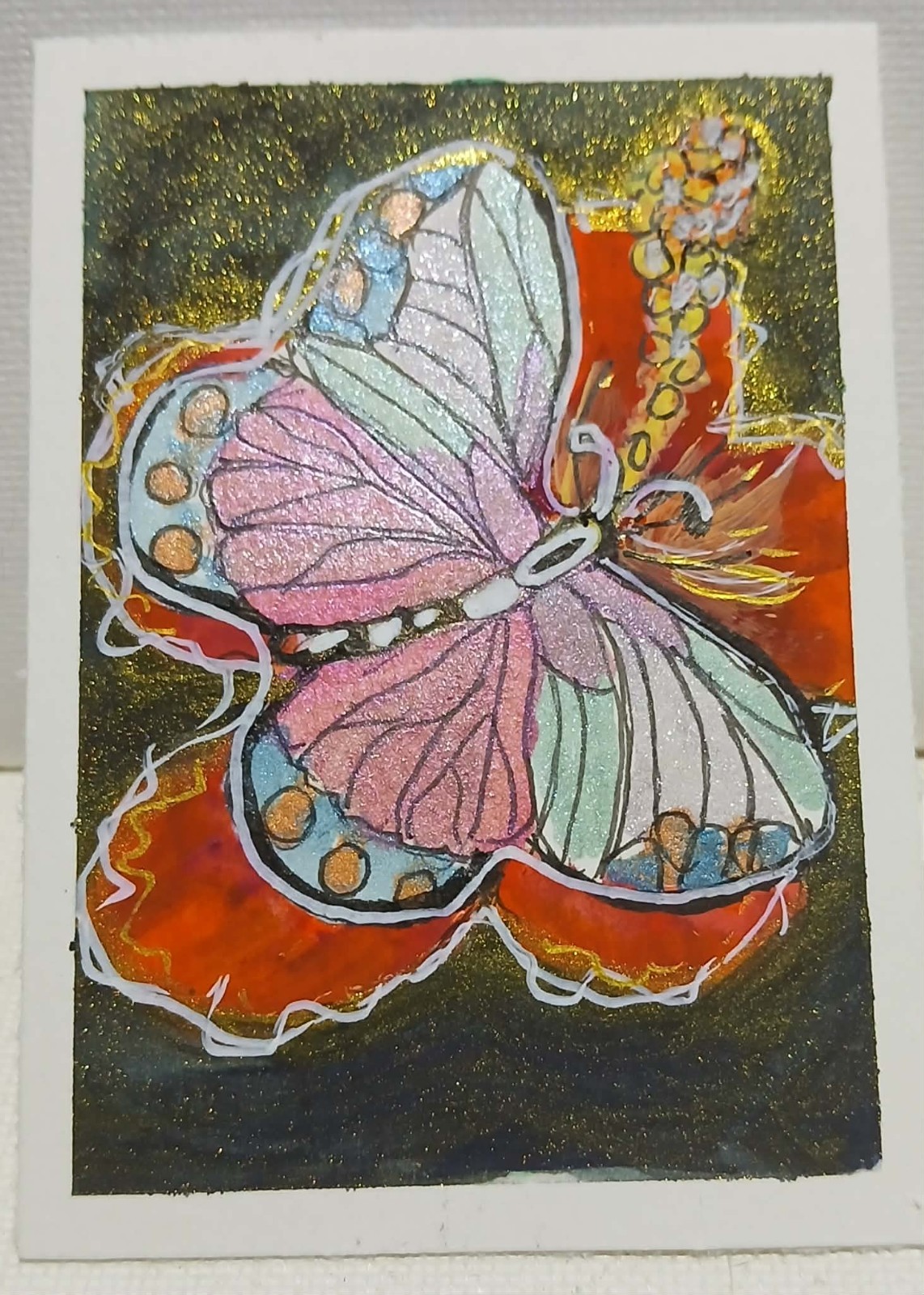 Butterfly on Red & Gold Hibiscus ACEO – Blue Gold Shimmer Watercolor OOAK