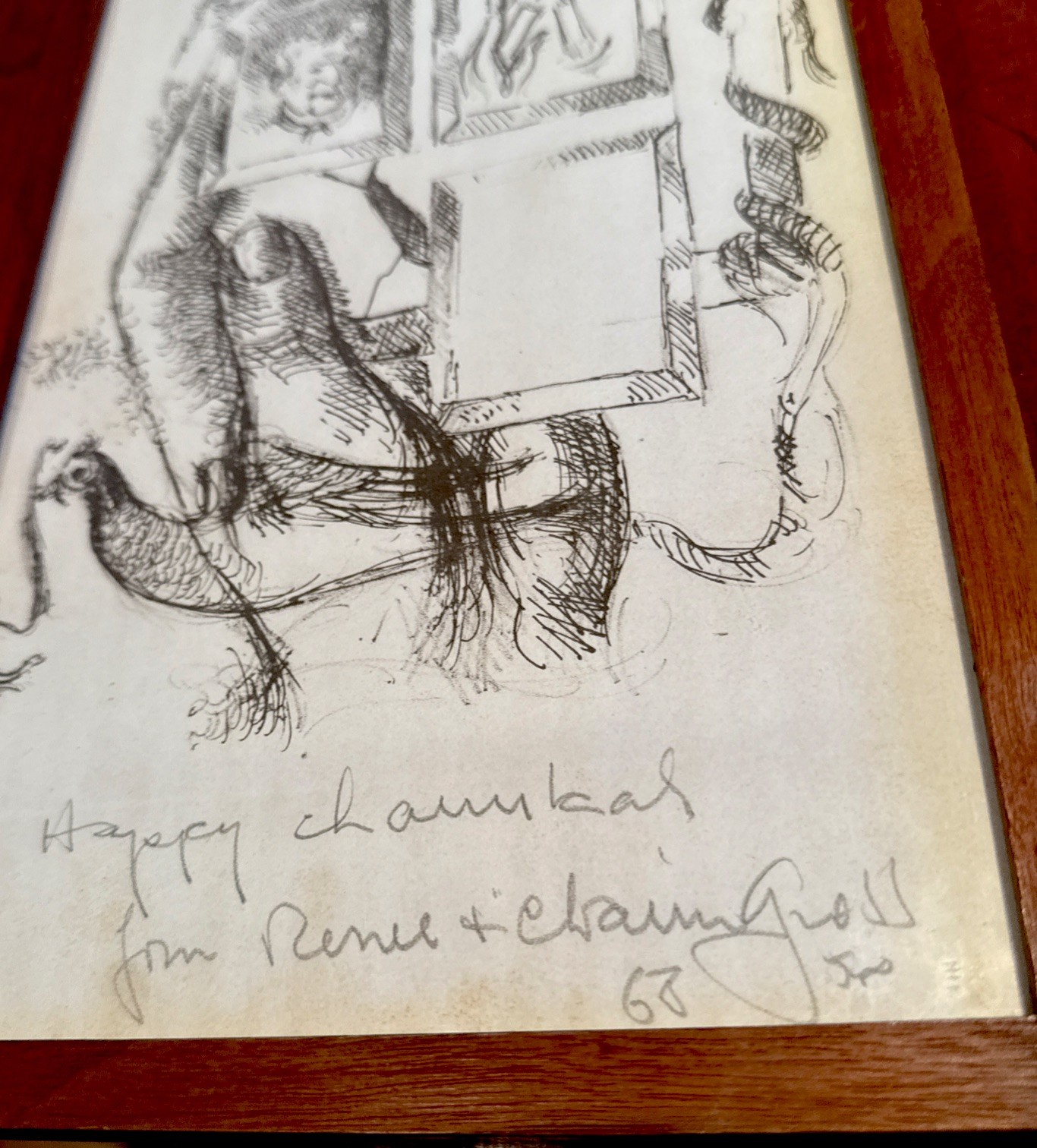 Original 1968 Pencil signed Chaim Gross framed drawing Happy Chanukah Greeting