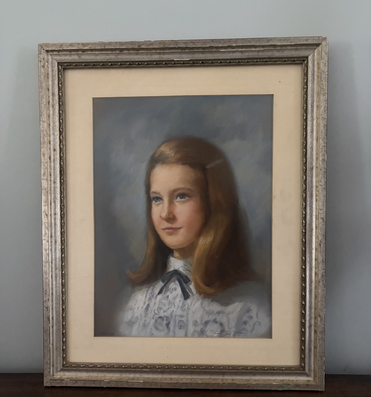 Portrait of a Young Lady, Antique Oil /Chalk Painting |Silver Gilt Frame