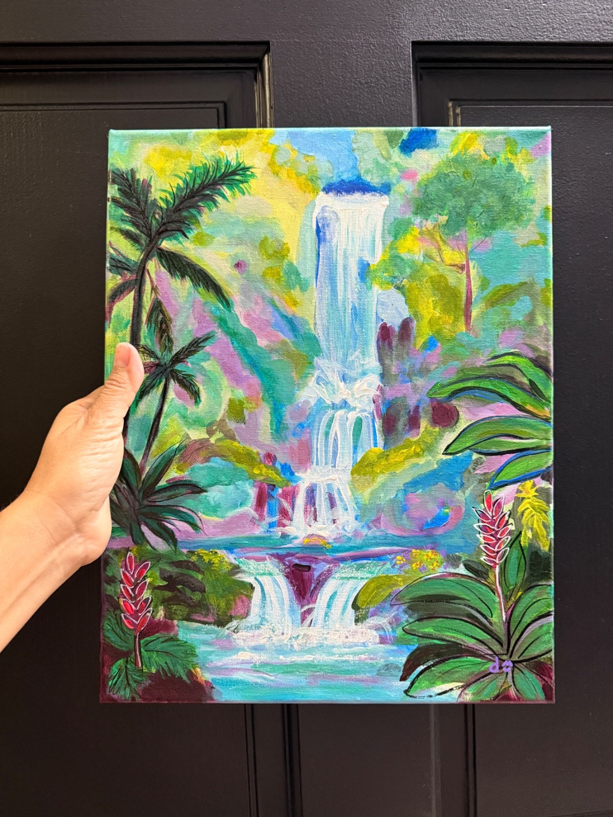 Tropical Waterfall Painting Rainforest Landscape Wall Art Original 11×14 CV