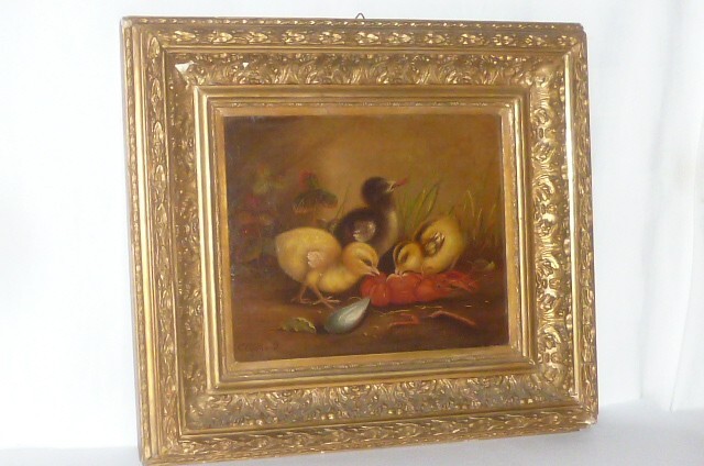 Old Oil Painting C.Gebhardt 1879 Painter Still Life Chick Ducks Picture Animals