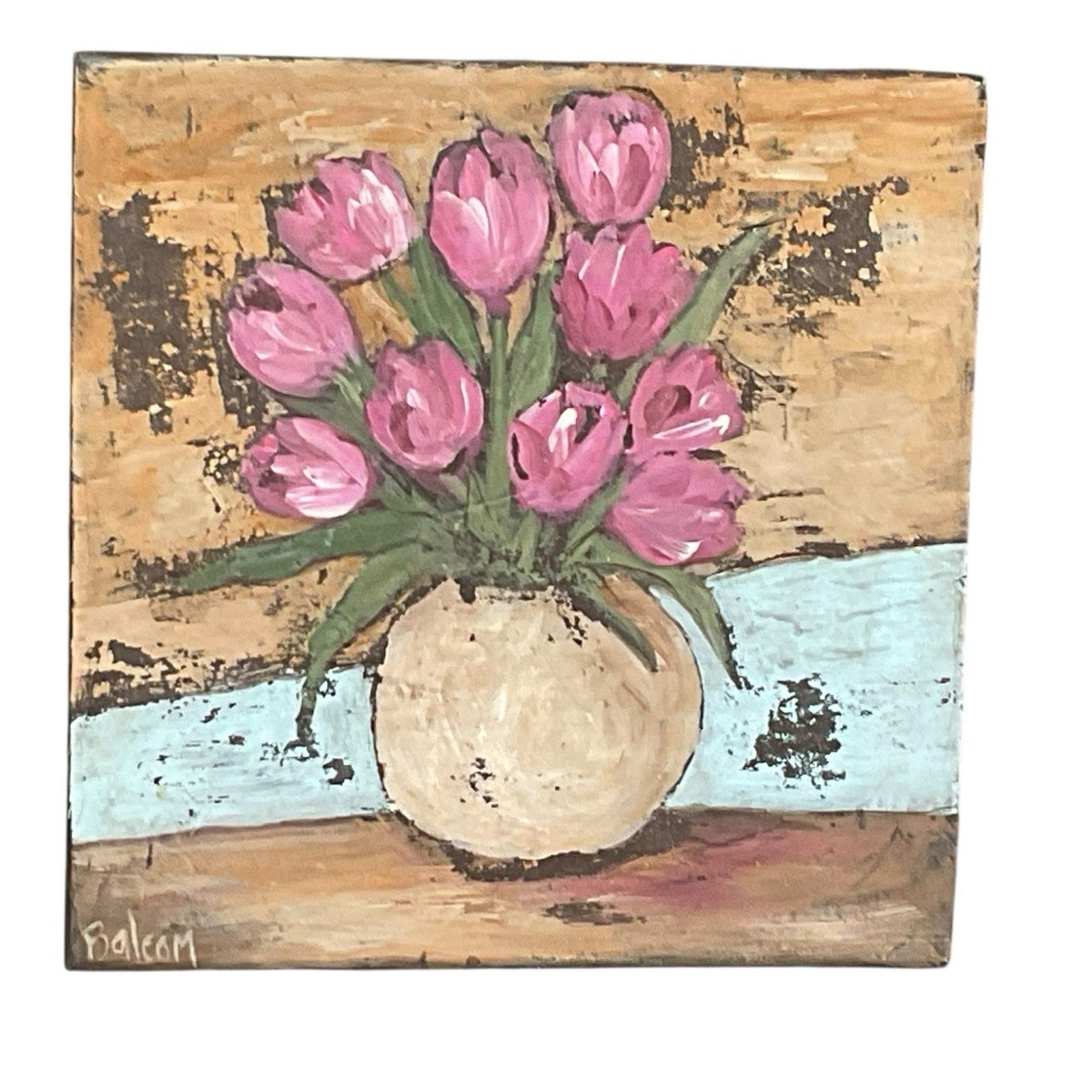Original Painting Acrylic Tulip Flowers Vase Canvas Distressed Signed 10 X 10”