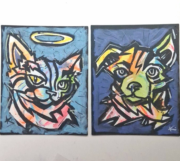 Dog & Cat Original Painting Thayer Folk Art OOAK 2 For 1 8x10s Expressionism