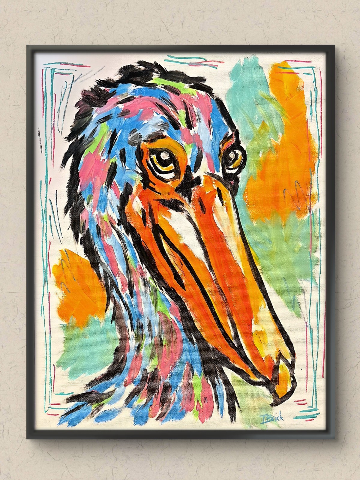 Original 11×14 Acrylic Canvas Colorful Pelican Portrait Expressionist Painting