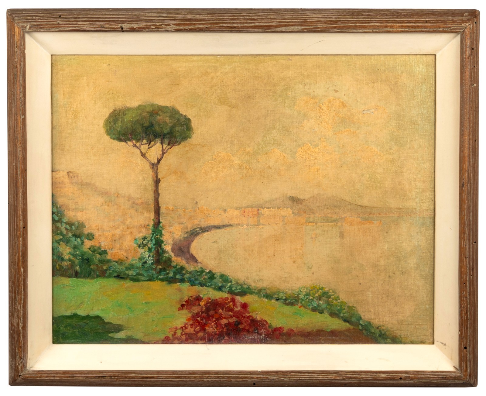 Antique Impressionist Italian Landscape, Oil on Cut Canvas, Bay of Naples