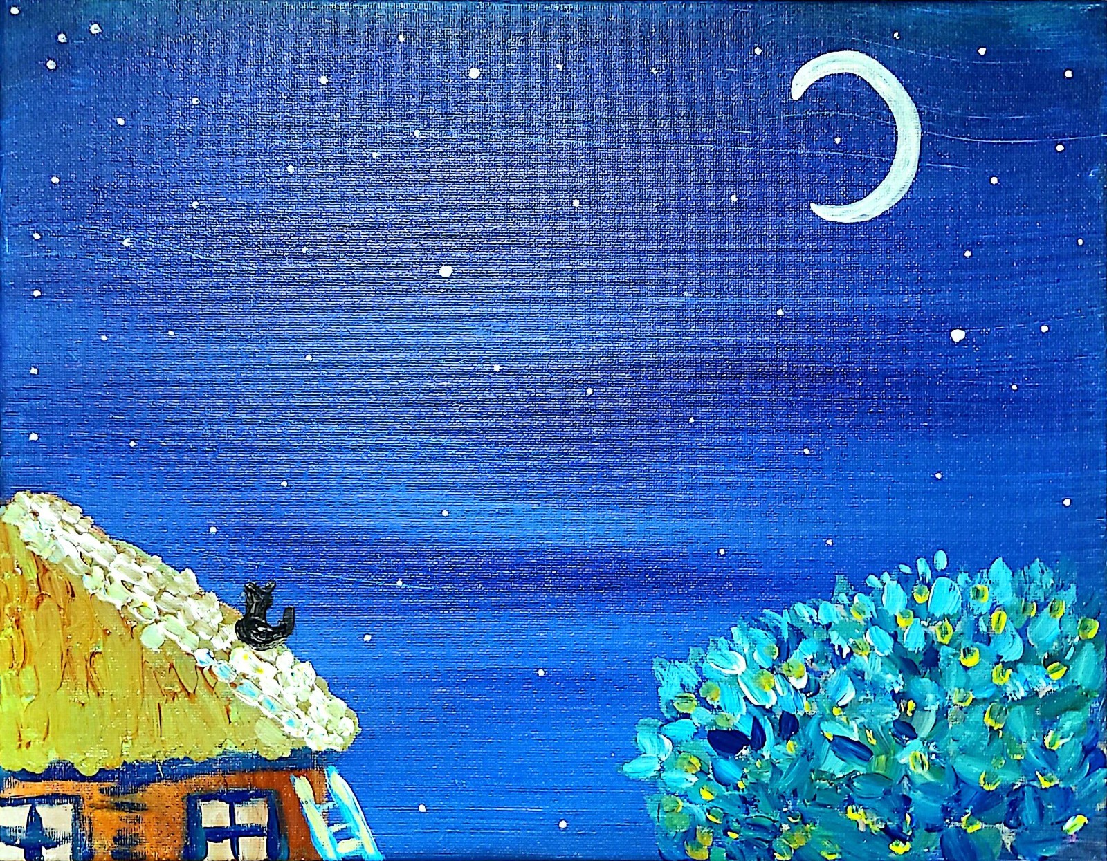 Cat Watches The Moon Original Expressionism Acrylic Abstract Canvas 11×14 Canvas