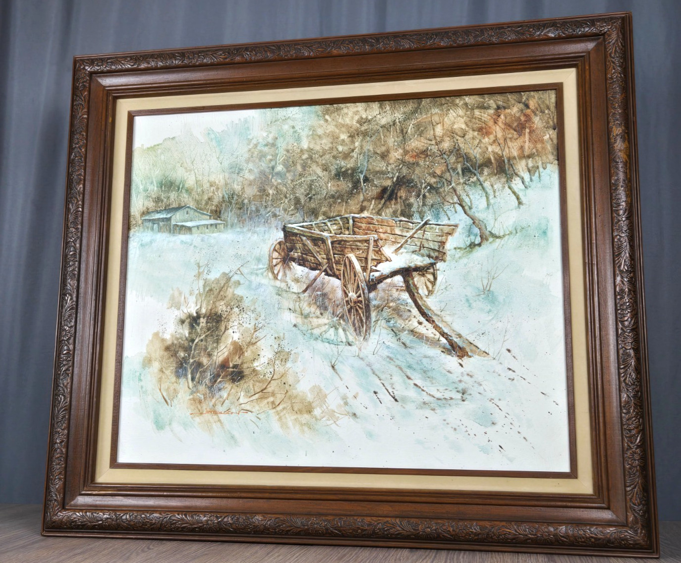 Jim Sloan original winter landscape oil painting on canvas, wagon, farm/barn