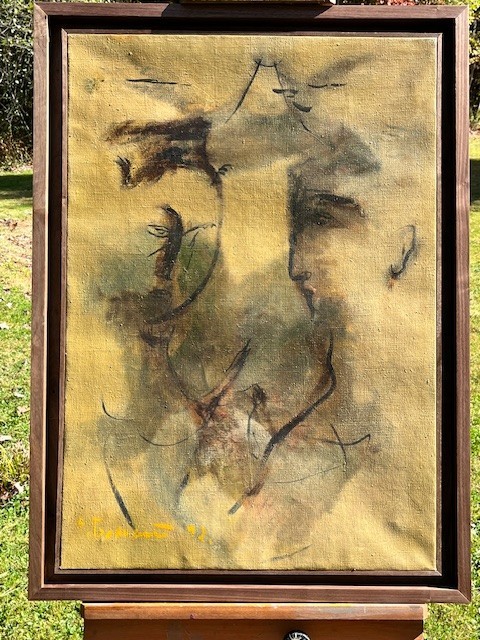Eduard Belsky 1992 oil postmodern art abstract faces couple beige greens browns
