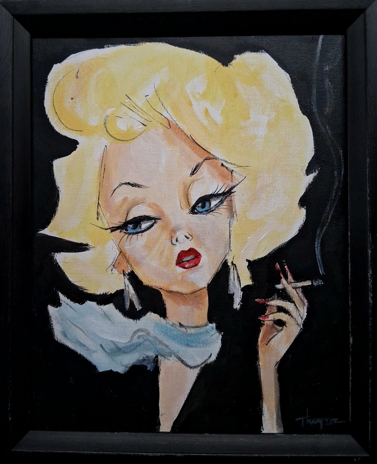 Original Glamour Girl Painting Smoking Thayer Art Deco OOAK Canvas MCM