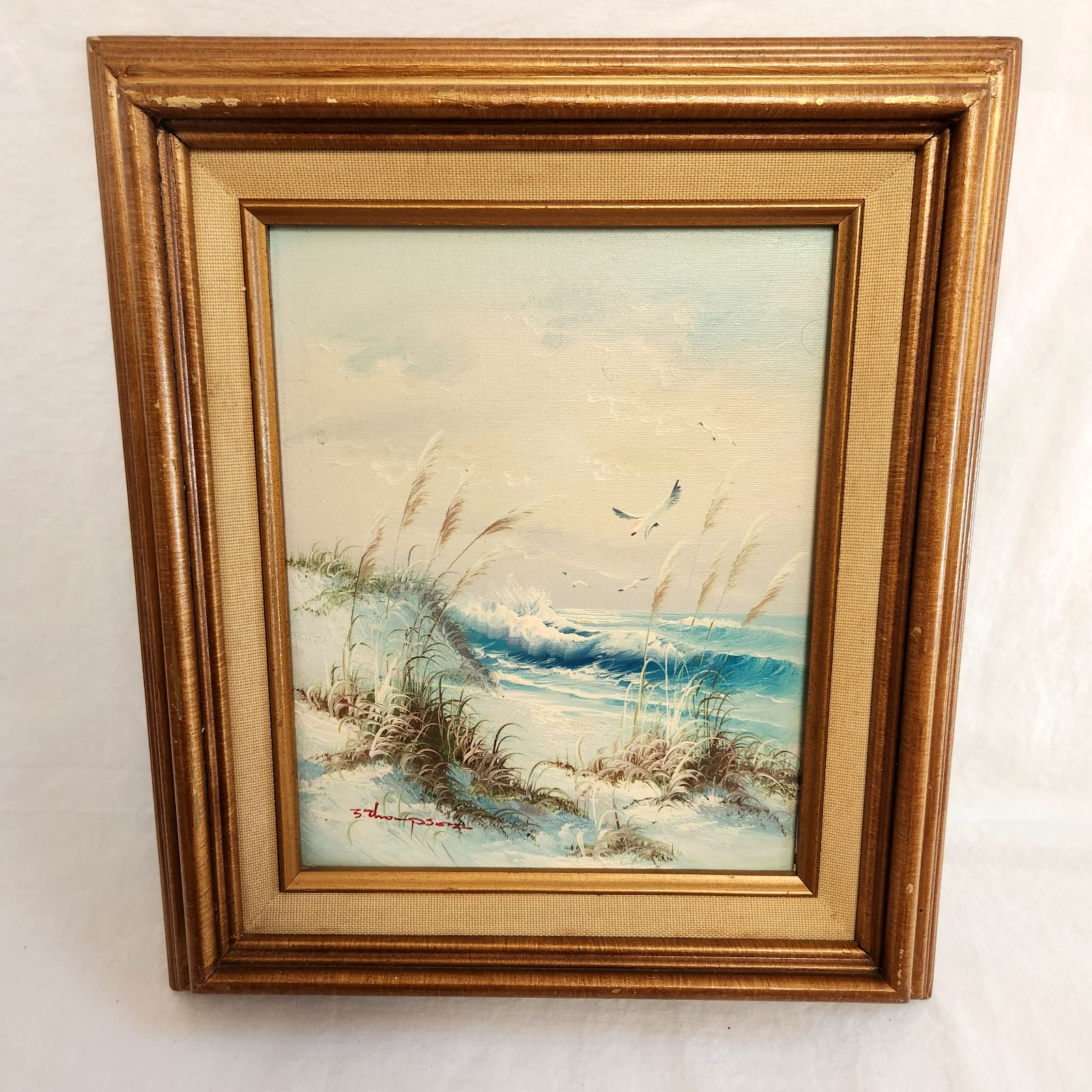 VTG Beach Shore Original Painting Landscape Framed Signed Thompson Ocean Waves