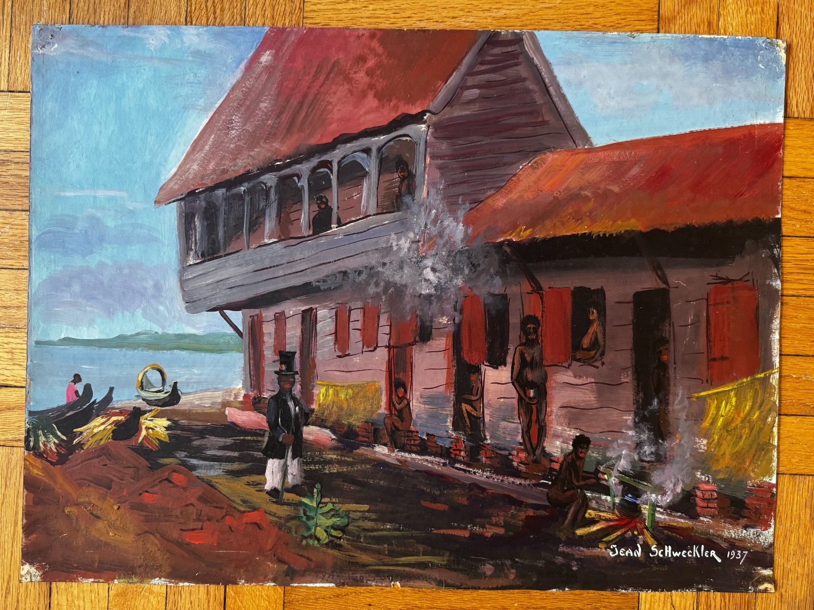 Vintage C.1937 Gouache Paper Painting Caribbean / Brazil Jean Schweckler 14 x 19