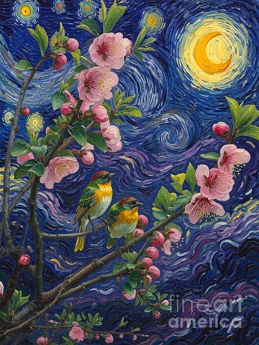 new handmade Painting on 12″x 16″canvas Starry Night with Birds by Wendy