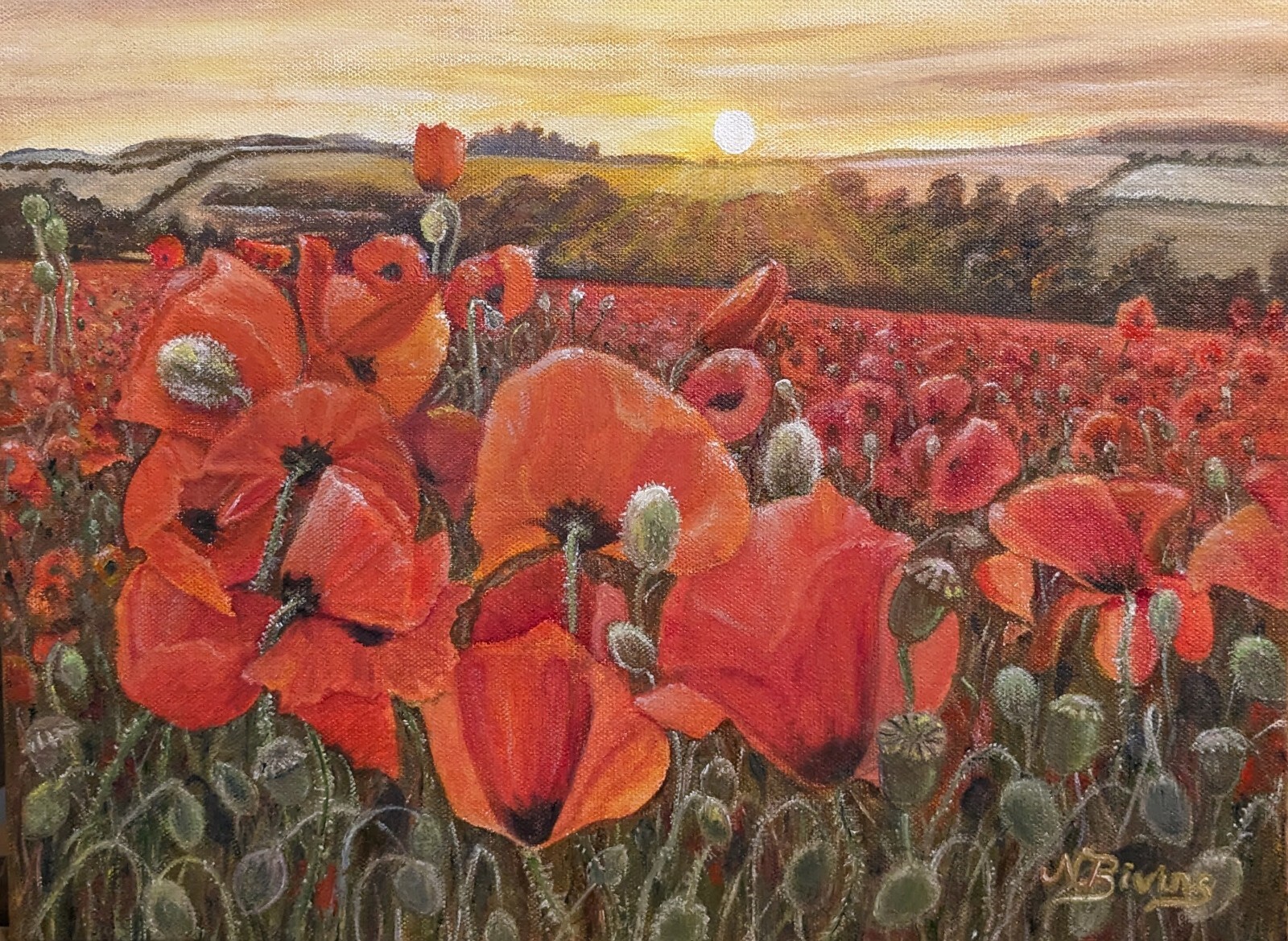 Field of red poppies acrylic/oil on canvas painting 12 x 16″