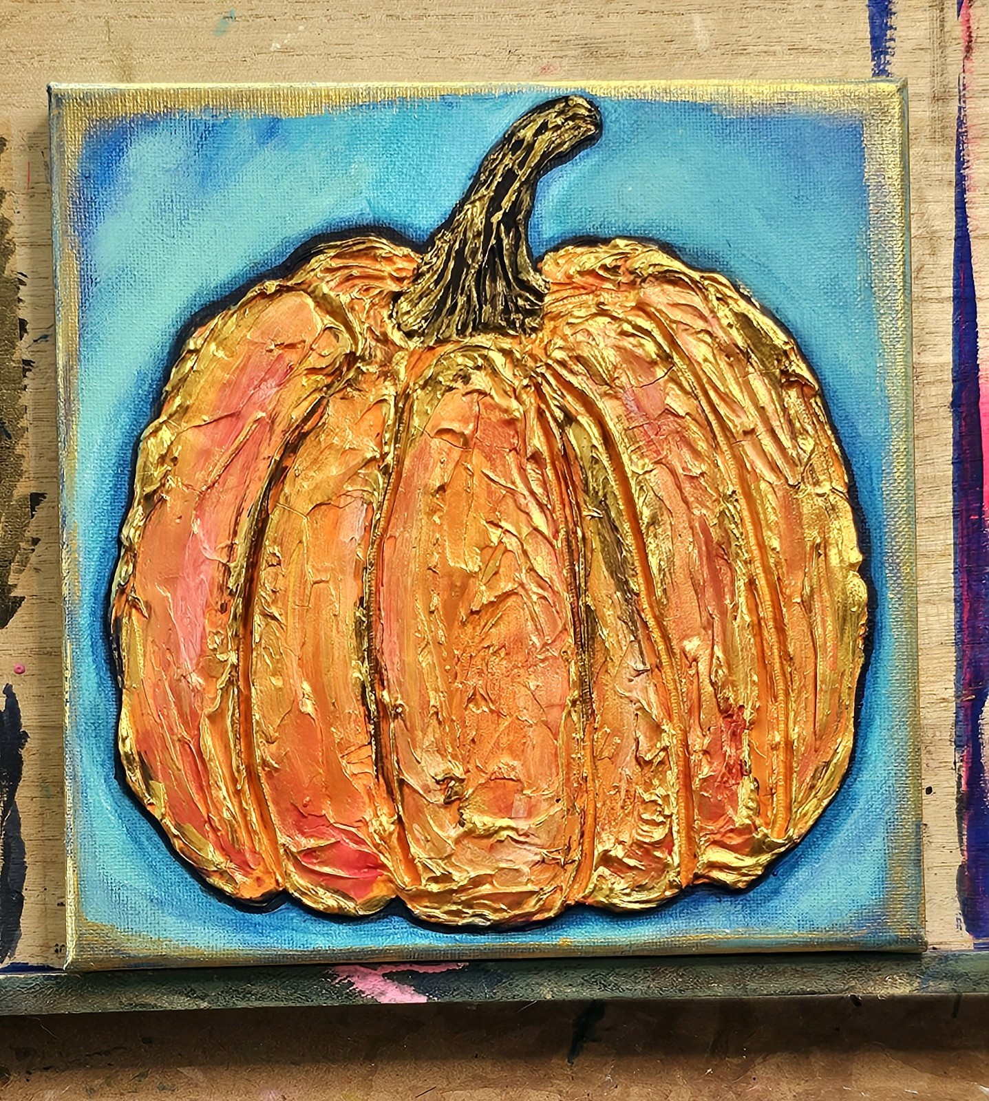 Original Pumpkin Painting Fall Halloween Decor Textured Pumpkin OOAK Gold Decor