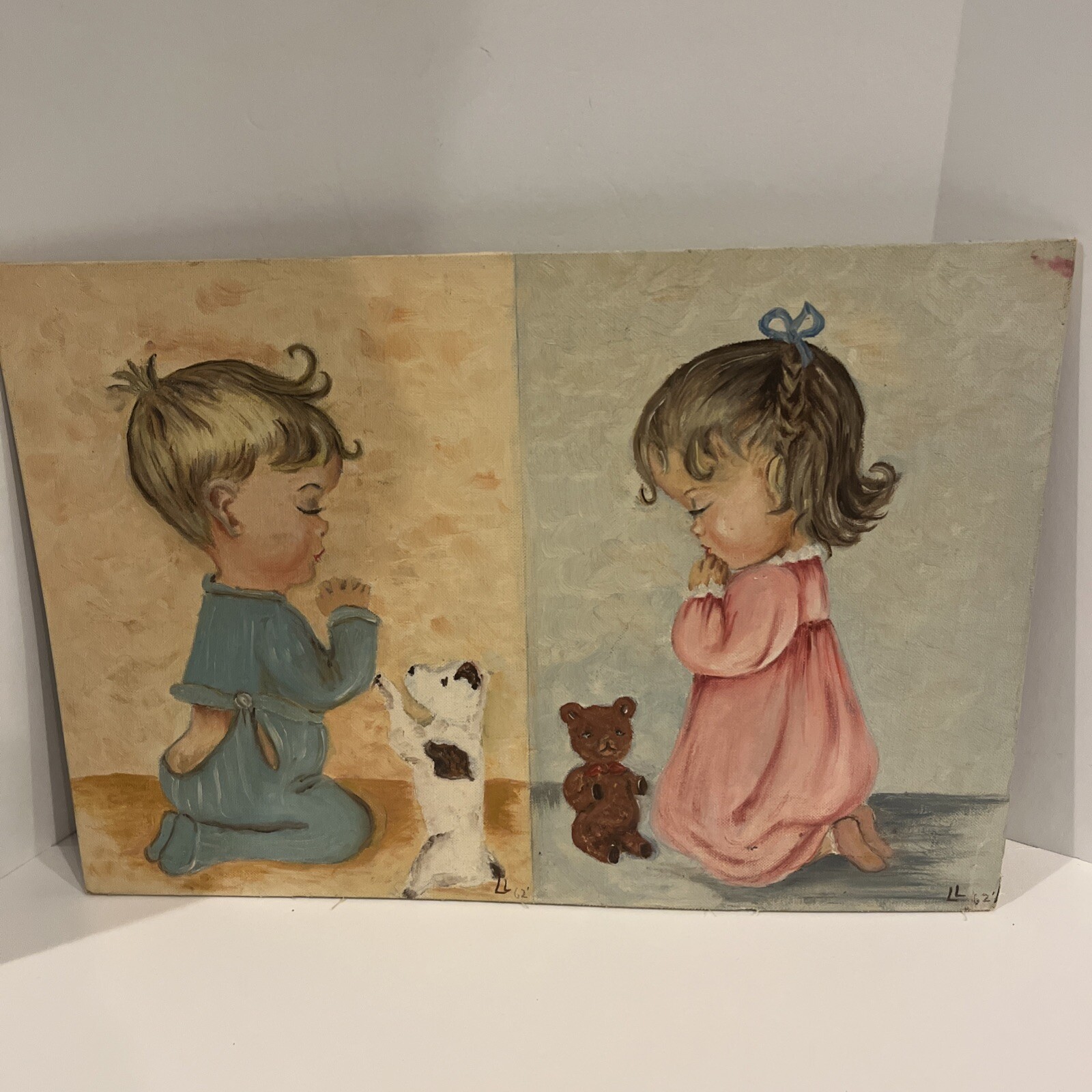 Vintage 1962 Canvas Board Drawing Of Little Boy And Girl Praying