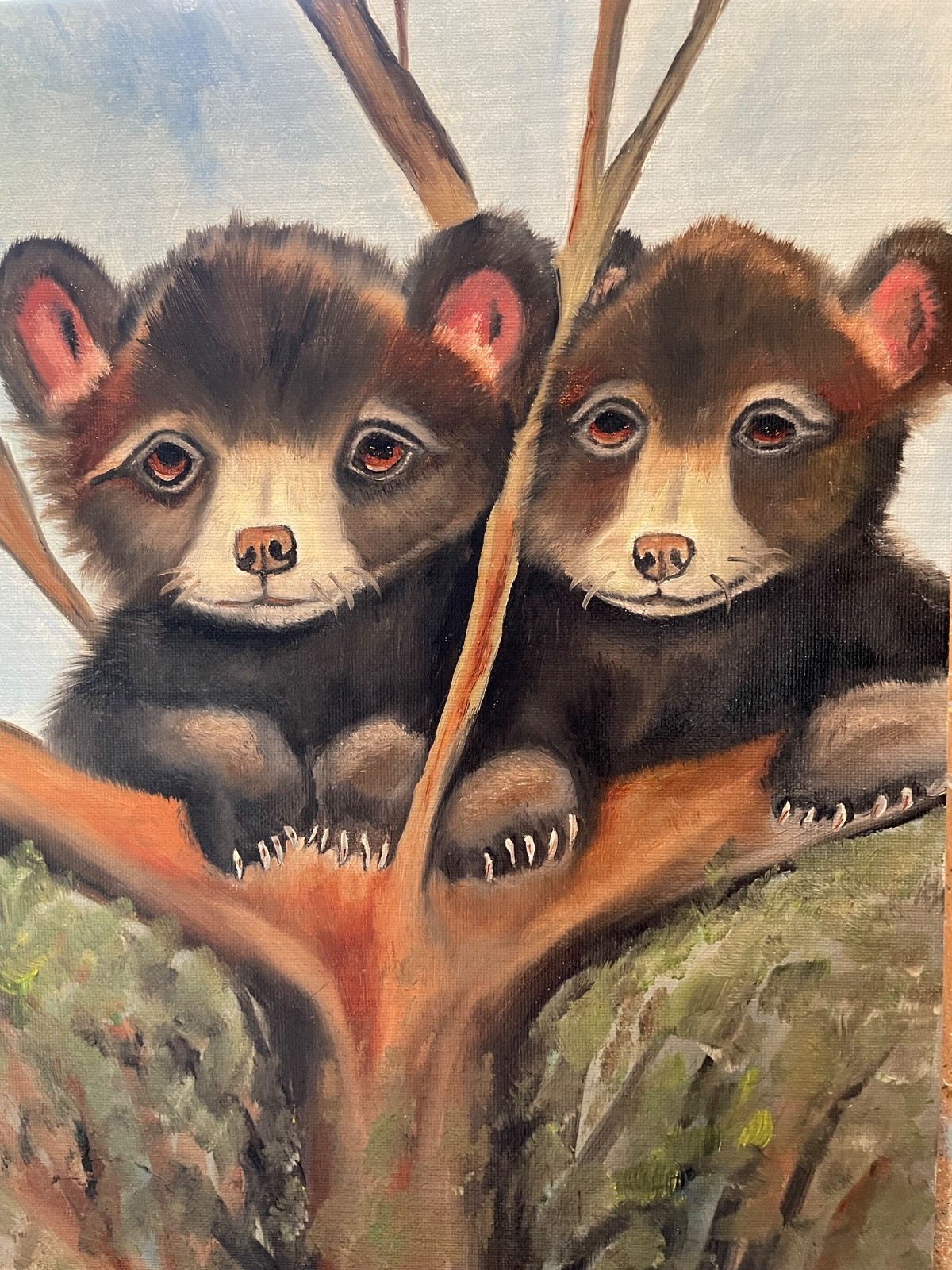 Original oil painting signed 11 x 14 in Bear cubs in a tree
