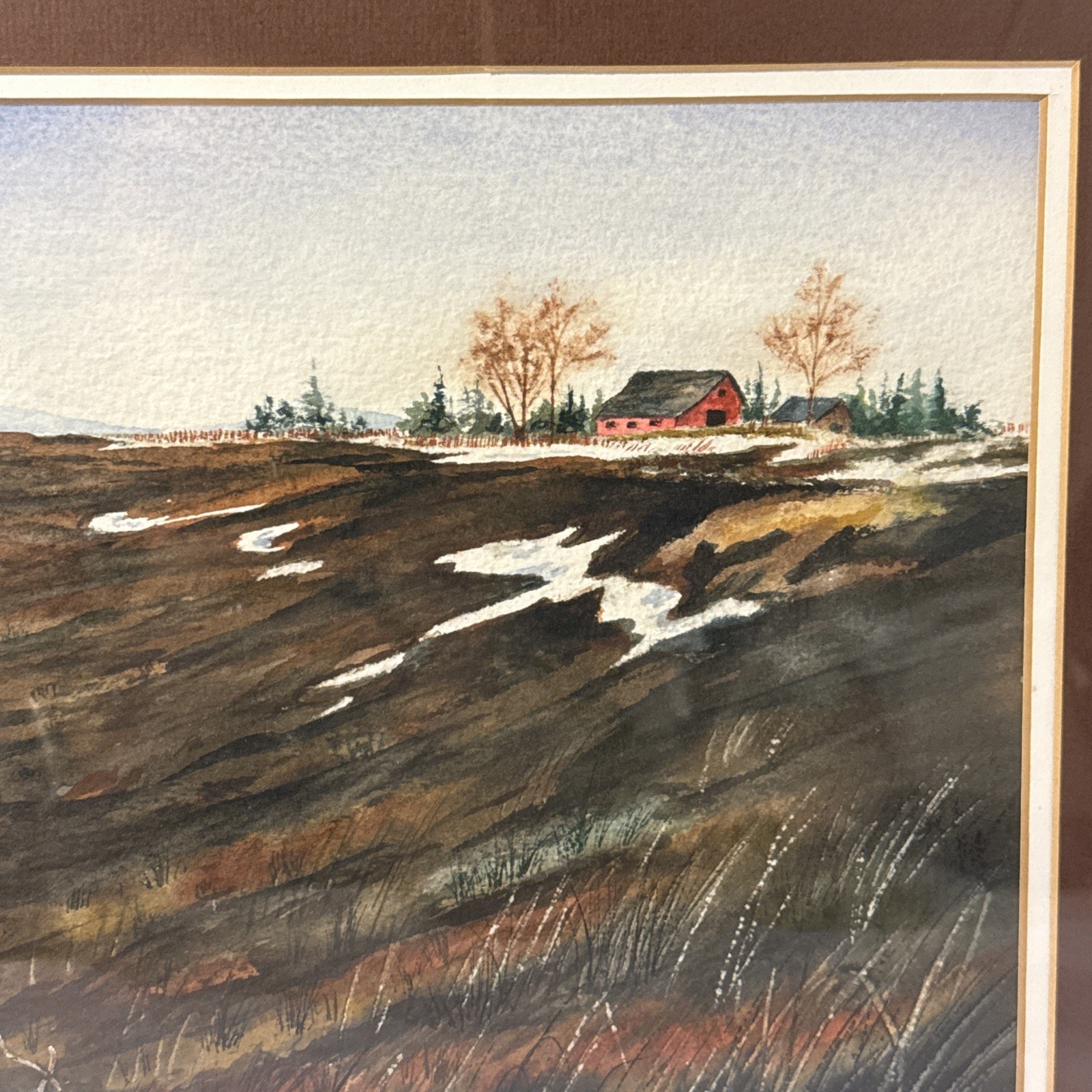 Original Watercolor Painting Winter/Early Spring Rustic Landscape-Signed-Framed