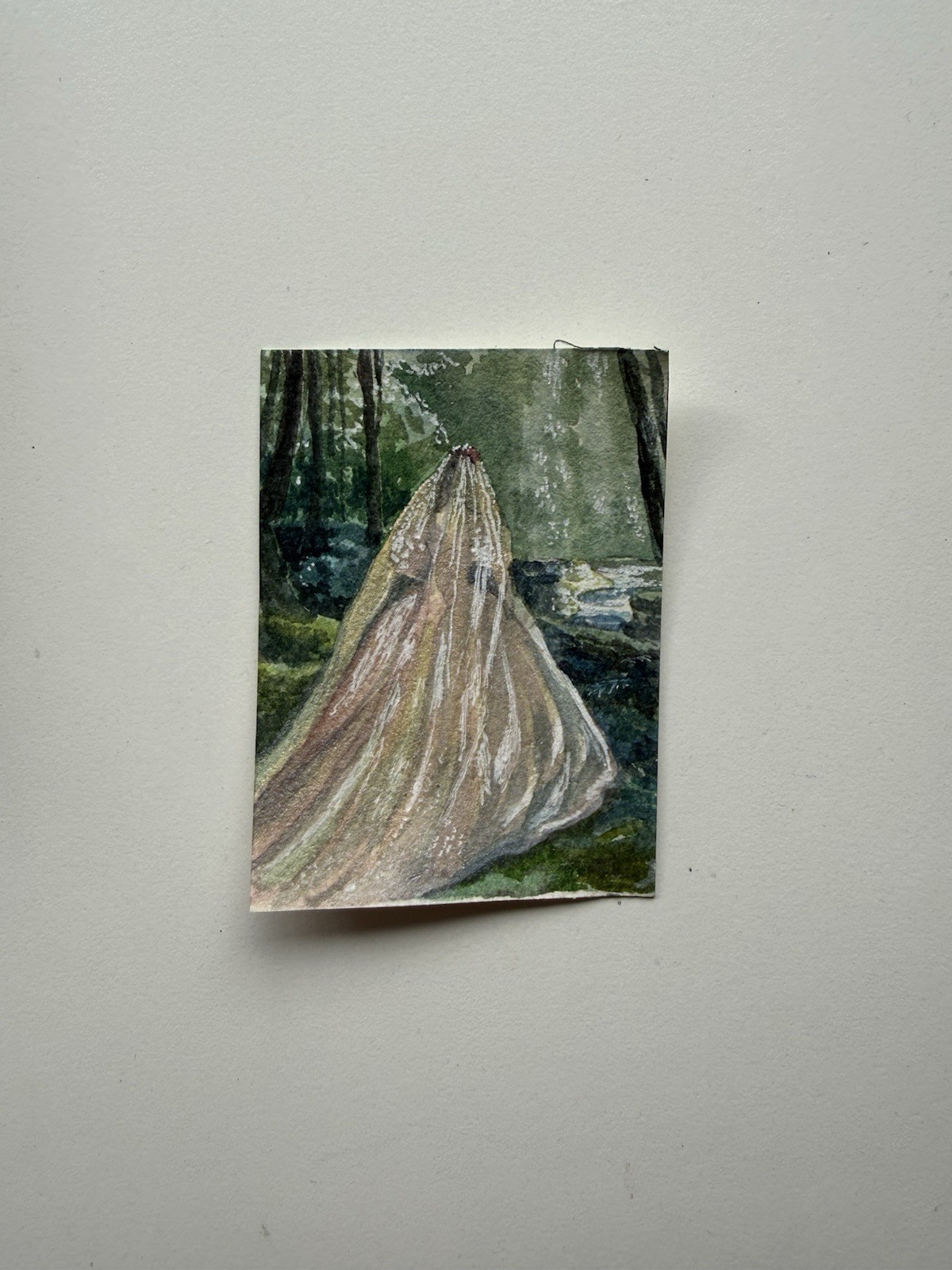 Original Watercolor ACEO Bride in Forest Girl Fantasy Miniature 2.5×3.5”