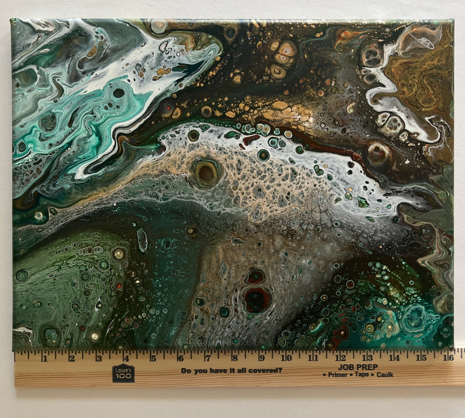 12″ x 16″ Acrylic Pour Tropical OOAK ByKathy Bradley Turquoise Gold Earth Signed